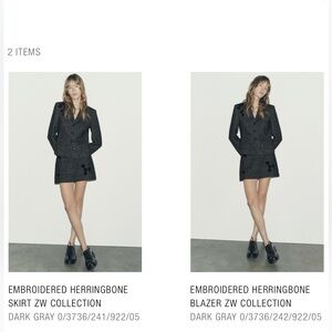 ZARA ZW Collection Gray Embroidered Herringbone Suit Set Blazer and Skirt sz XL